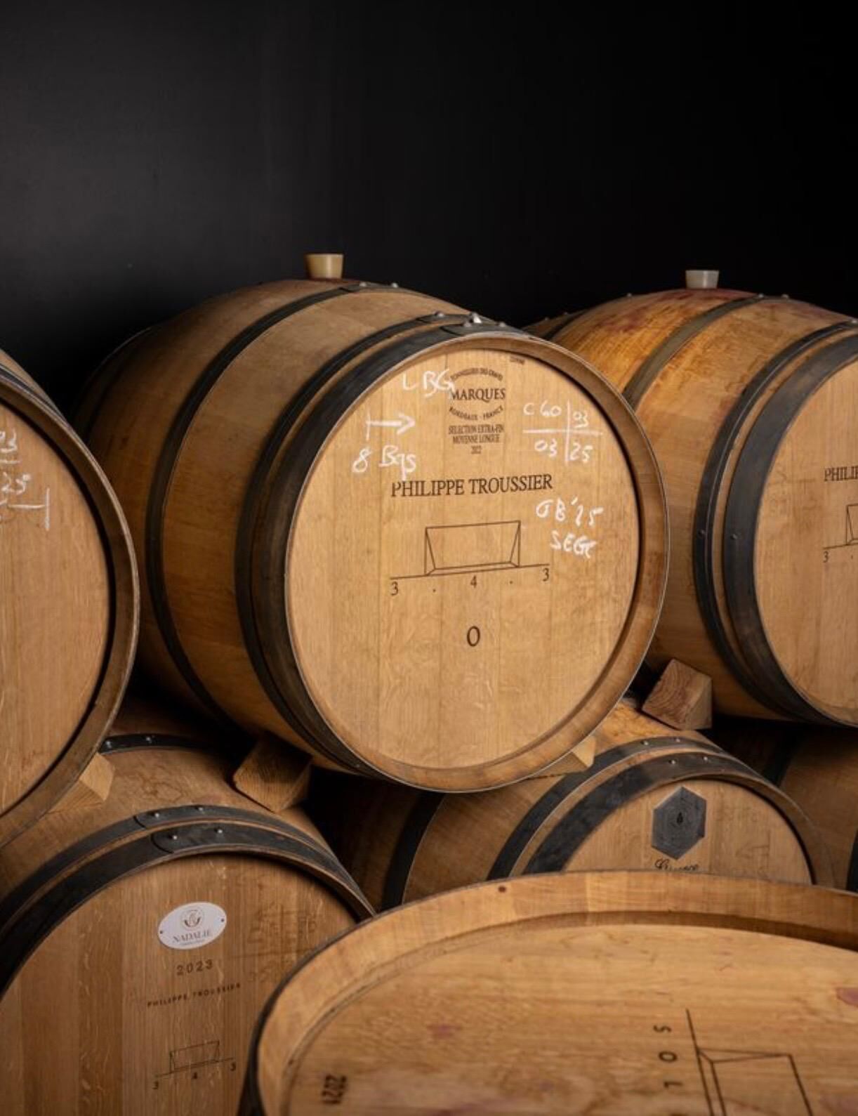 Barrels in the cellar marked PHILIPPE TROUSSIER