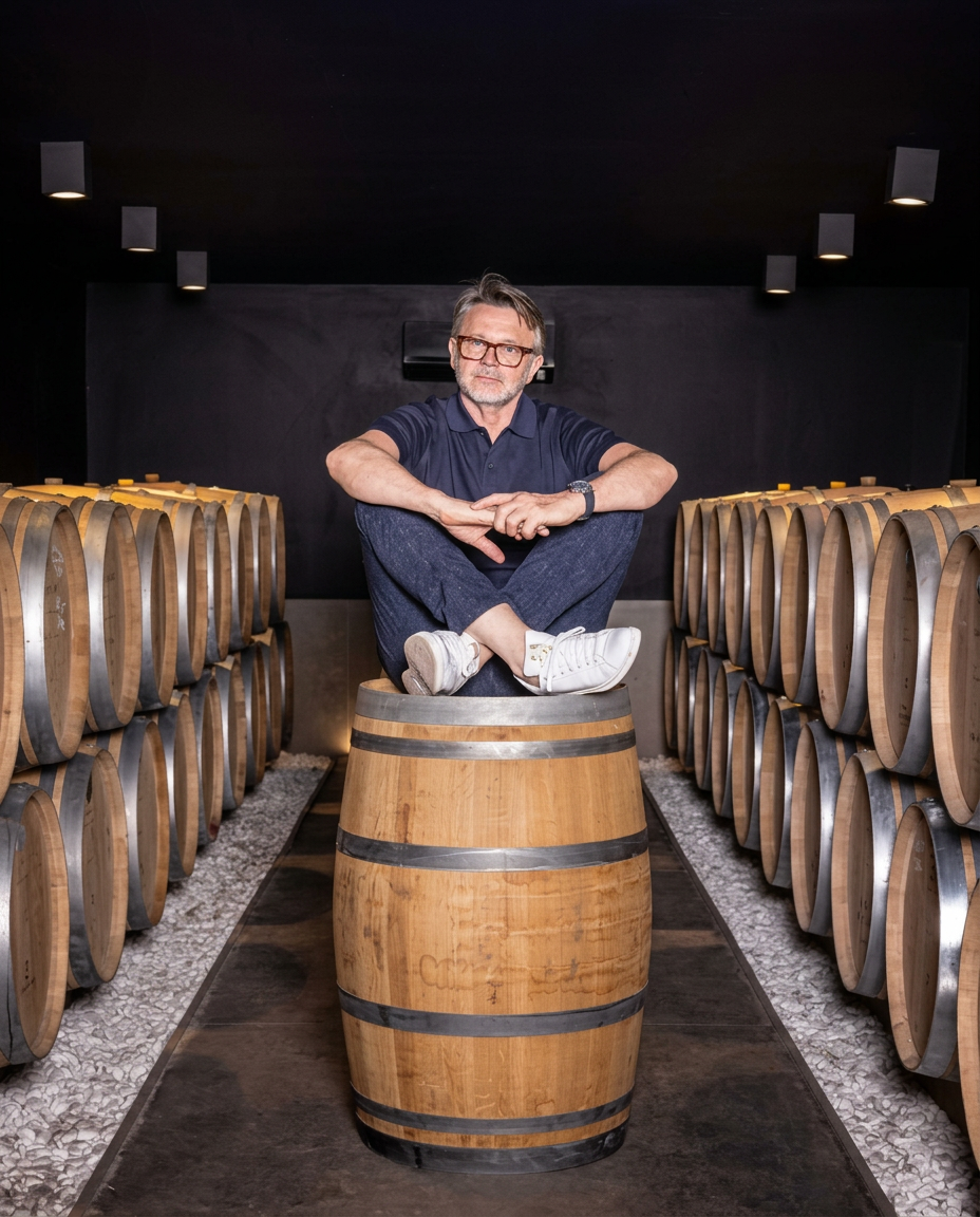Philippe Troussier seated on a barrel in the cellar